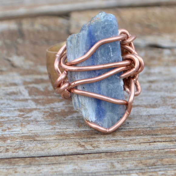 Conceptual Subculture Jewelry - Natural Blue Kyanite Brass Copper Ring Size 8